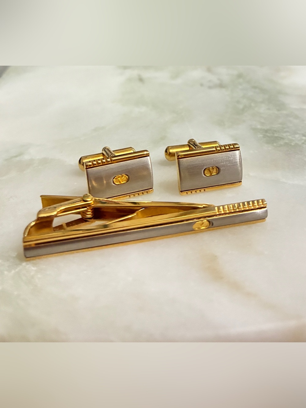 Valentino Cuff Links + Tie Clip Set Vintage
